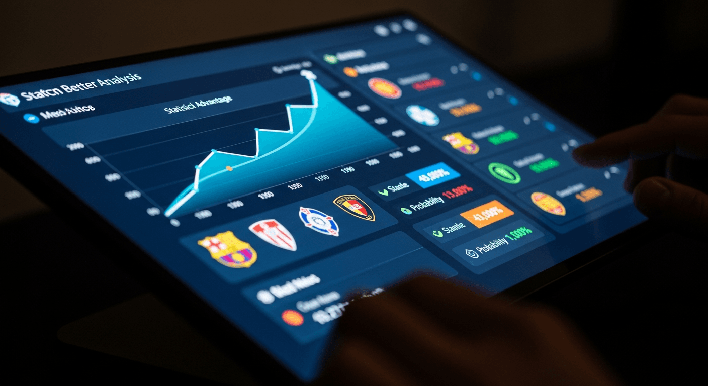 A close-up, dynamic shot of a digital interface displaying a soccer betting analysis dashboard. The screen shows a graph with upward-trending lines representing 'mathematical edge,' alongside various soccer team logos and fluctuating odds displayed clearly. The surrounding environment is dimly lit, focusing attention on the bright screen. Hands are subtly interacting with a touchscreen or mouse, suggesting active analysis. The color scheme features deep blues, greens, and bright orange accents for data visualization. NO text, letters, words, logos, or numbers should be visible on the screen or in the image.