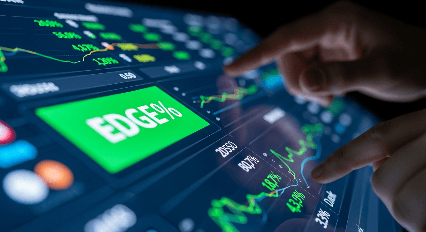 A close-up, dynamic, low-angle shot of a digital interface displaying sports betting odds and analytical data, with a vibrant green 'edge' percentage highlighted prominently. The screen shows complex graphs and numbers, but without any discernible text or specific team names, just abstract data visualization. Hands, slightly out of focus, are interacting with a touch screen. The lighting is modern and digital, with a focus on blues, greens, and subtle yellows, suggesting precision and technology. No text, letters, numbers, or logos are visible within the interface.