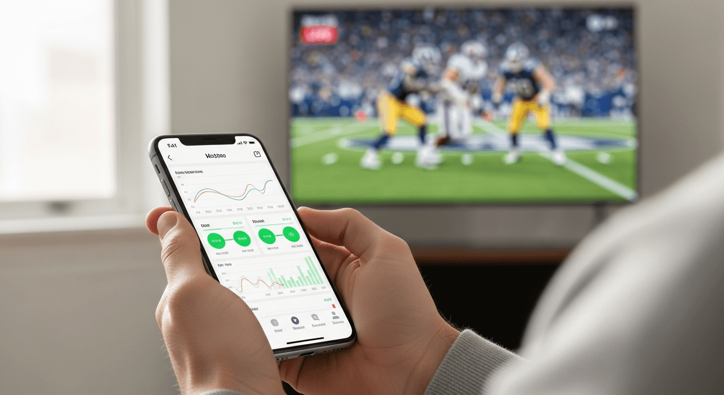 A close-up, slightly elevated, bright photorealistic shot of a person's hands holding a smartphone, displaying a clean, user-friendly sports betting app interface. The screen shows abstract charts, green positive indicators, and betting lines without any text, letters, numbers, or logos. In the background, subtly blurred, a vibrant NFL game is playing on a large TV screen. The composition focuses on the seamless integration of technology and live sports, with a modern, clean aesthetic and bright, natural lighting. No text, letters, numbers, or logos are visible on the screen or in the background.
