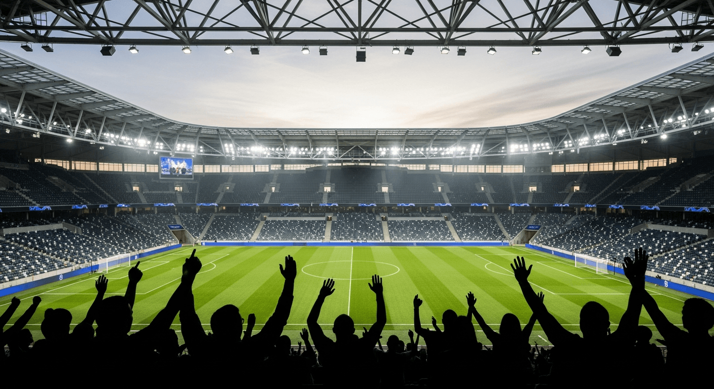 photorealistic shot of a soccer stadium, sillouettes of fans cheering in the foreground with the pitch in the background. modern stadium look. highly detailed, shallow depth of field with focus on the pitch.